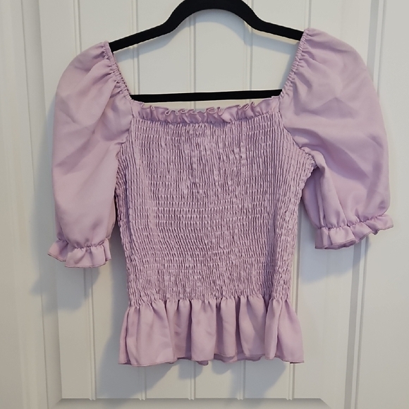 SHEIN Purple Puff Sleeve Smocked Blouse - Picture 2 of 6